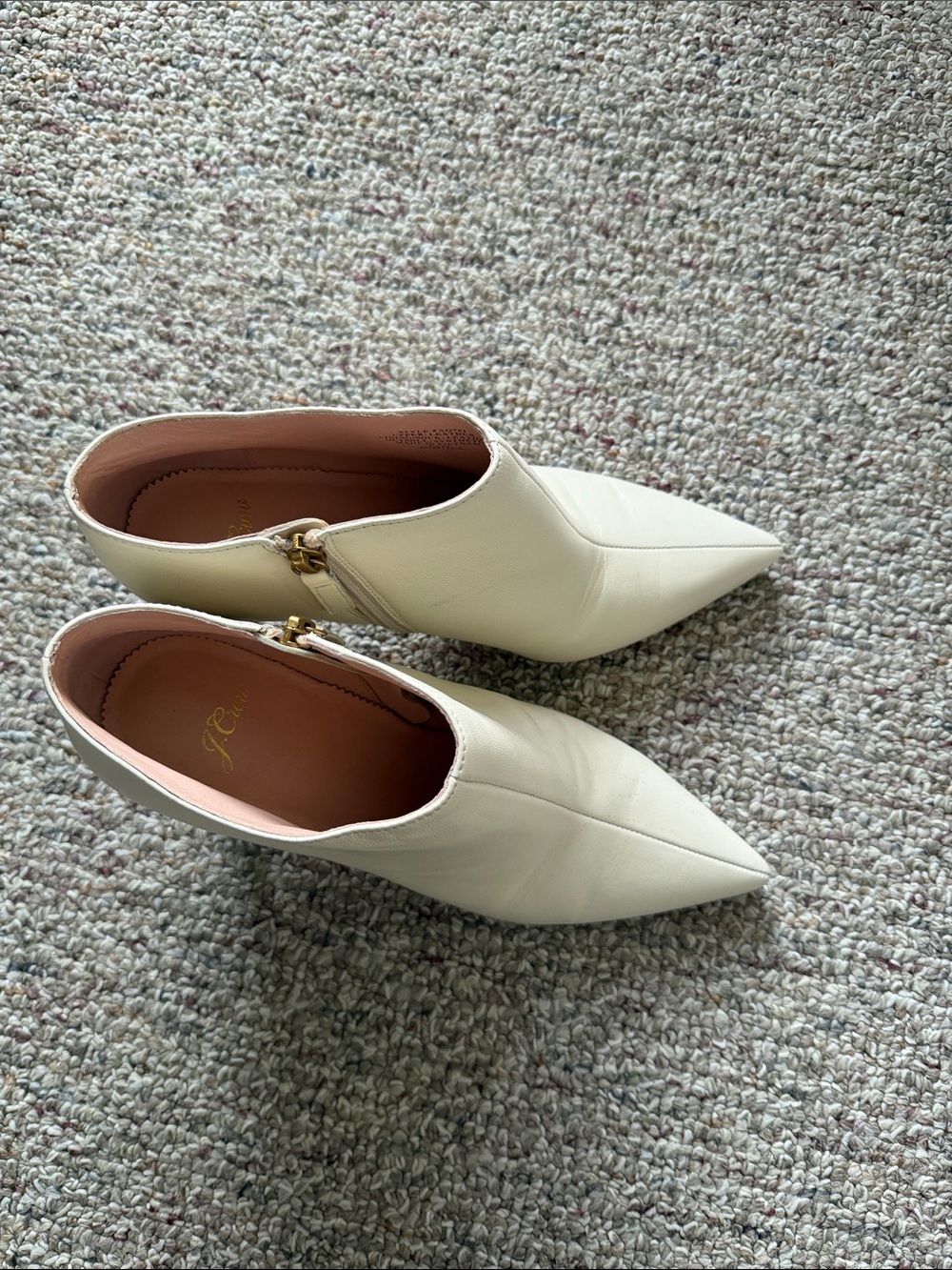 J. Crew Cream Pointed Leather Mule Boots with Gold Zip
